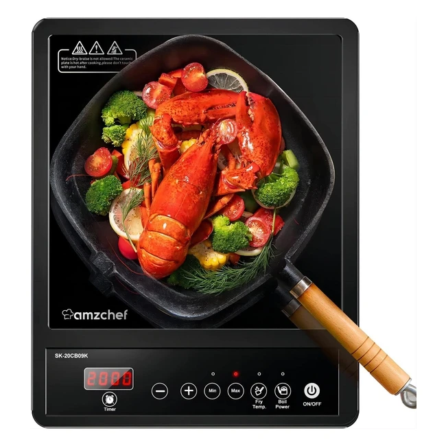 AMZChef Single Induction Hob - Portable Cooktop with 10 Temperature Settings and 2000W Power - Black Frosted Glass Panel