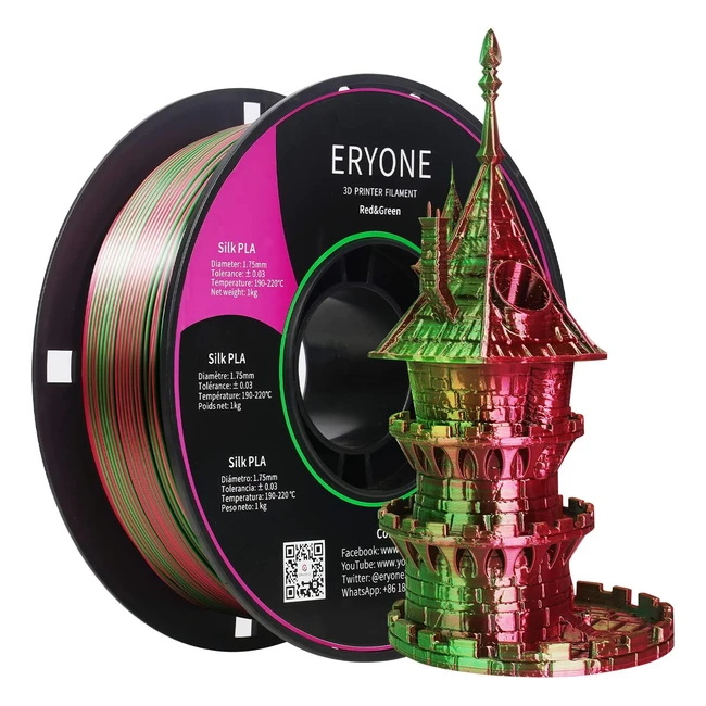 Eryone Silk DualColor PLA Filament 1.75mm - Dimensional Accuracy 0.05mm - 1kg Spool - Silk Red/Green