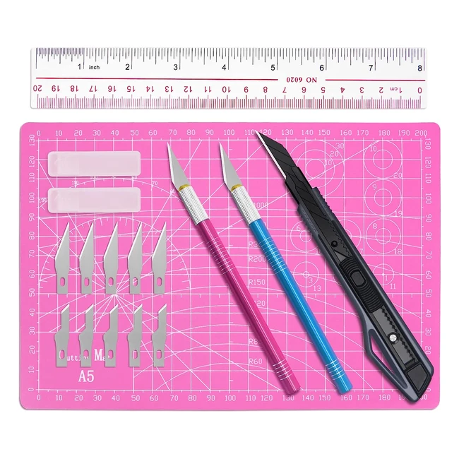 Ensemble de 16 couteaux de précision Manufore avec tapis de découpe rose A5 pour l'art, la coupe, la fabrication de modèles et plus encore