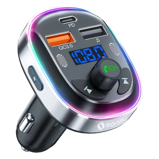 Transmisor FM Bluetooth Sonru 53 manos libres coche QC30PD 30W carga rápida tipo C doble micrófono y soporte USB