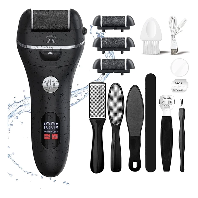 PEFOOK Electric Foot File Callus Remover - Waterproof & Rechargeable - 8 in 1 Pedicure Kit - 3 Roller Heads - 2 Speeds