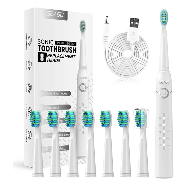 Seago Schallzahnbürste - Weißt deine Zähne in 2 Wochen mit 5 Modi und 8 Köpfen