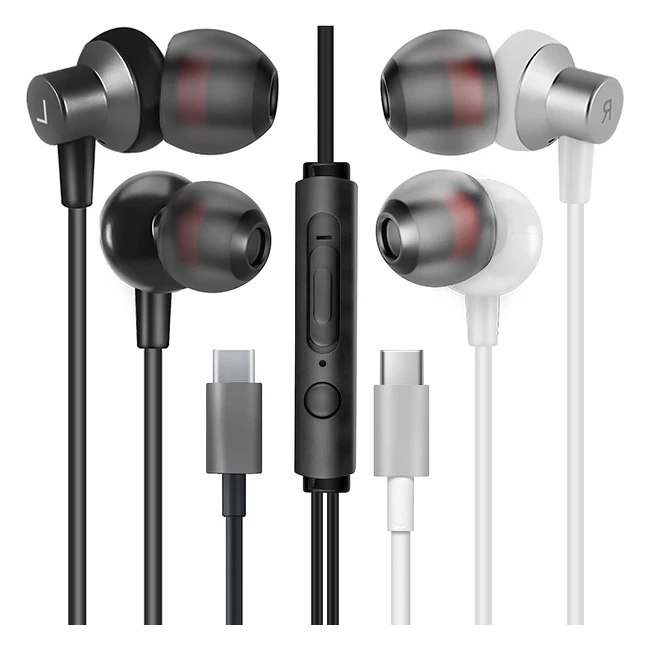 Mas Carney 2 Pack TI3 Wired USB-C Earphones with Mic for Samsung, Huawei, Oppo, Google Pixel and Other Type-C Devices