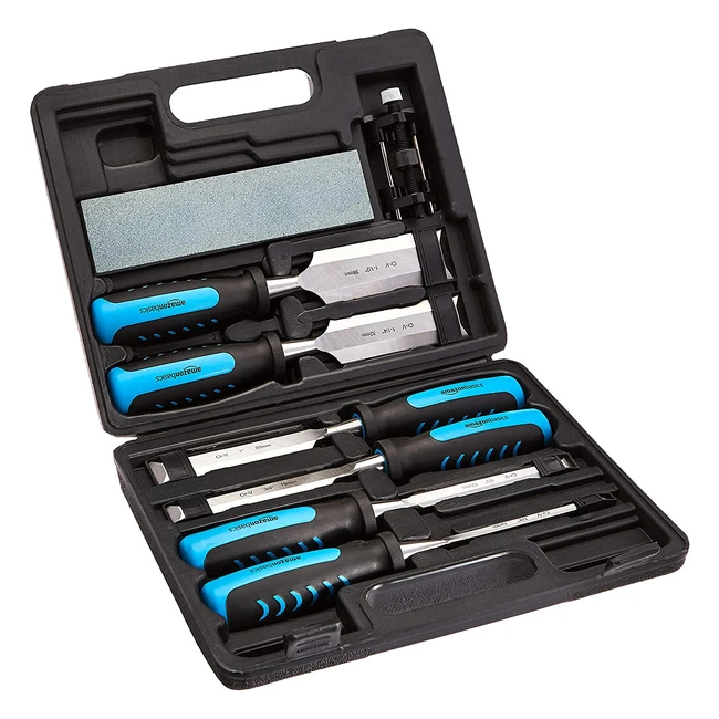 Amazon Basics 8-teiliges Holzschnitzmeiel-Set inkl Schleifstein und Bogenzieh