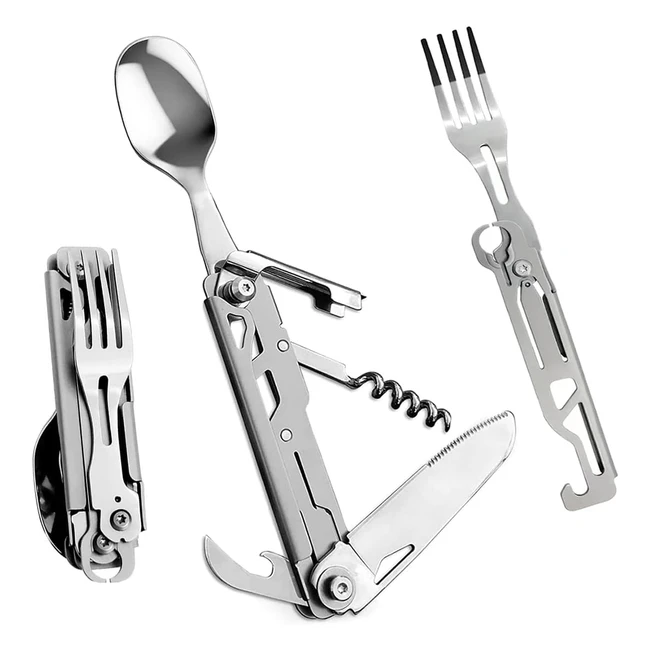 Cubiertos plegables multifuncionales 5 en 1 Honzin - Juego de utensilios para acampar al aire libre con bolsa portátil de acero inoxidable