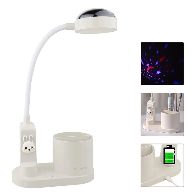 Lampada scrivania bambina LED con proiezione stelle, portapenne e batteria ricaricabile - Hacevida