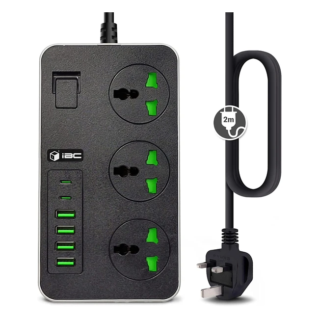 iBlockCube 6 USB Port Surge Protected Extension Lead with 3 Way Gang Socket and 2m Cable - Black/Grey