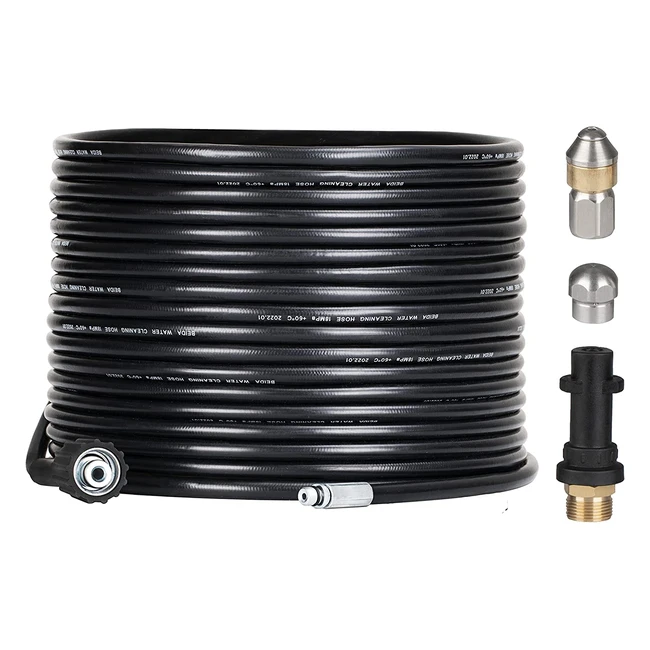 Manguera de limpieza de tuberías compatible con Krcher K2-K7 - 15m, 180bar, boquillas rígidas y giratorias