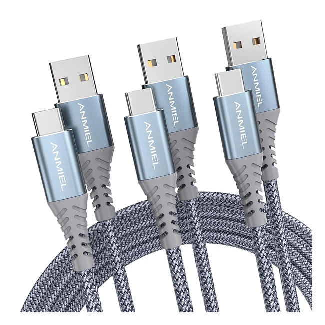 Anmiel USB C Kabel 3er-Pack, 1m/1m/2m, 3.1A Schnellladekabel aus Nylon, Kompatibel mit Samsung Galaxy, Moto G, Huawei, Google Pixel und mehr