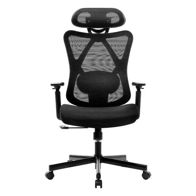 Ergonomic Mesh Office Chair - Adjustable Lumbar Support, Armrests, Headrest - High Back Swivel Desk Chair - Load 150 kg
