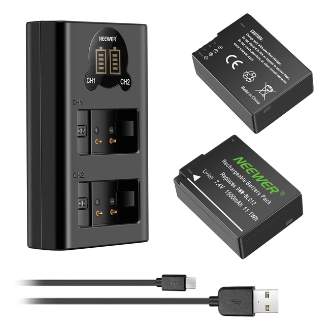 Batería de Repuesto Neewer para Panasonic DMW-BLC12 con Cargador Dual USB y Pantalla LCD - 2 Pack 1500mAh - Compatible con Lumix DMC-FZ200, DMC-FZ1000, DMC-G5, G6, G7, GX8, G85