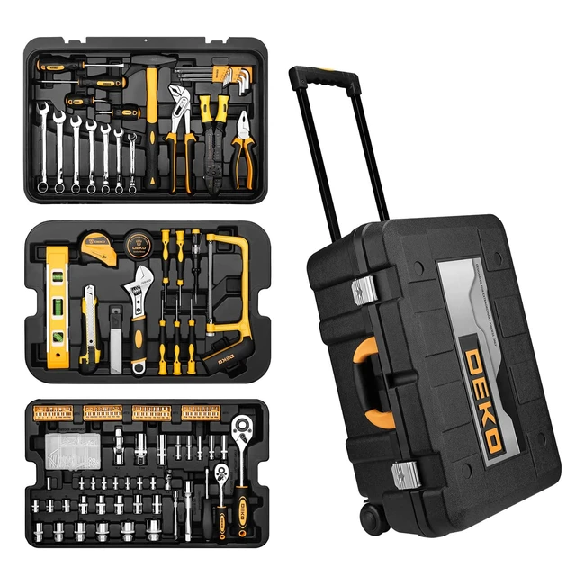Coffret d'outils DEKO 258 pièces - Qualité supérieure en chrome vanadium - Valise robuste avec poignée télescopique