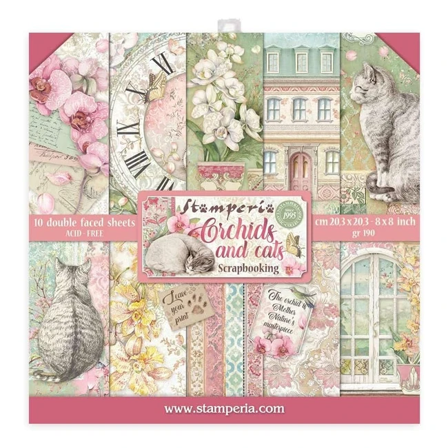 Libreta Scrapbooking Stamperia Orquídeas y Gatos 10 Hojas 203cmx203cm
