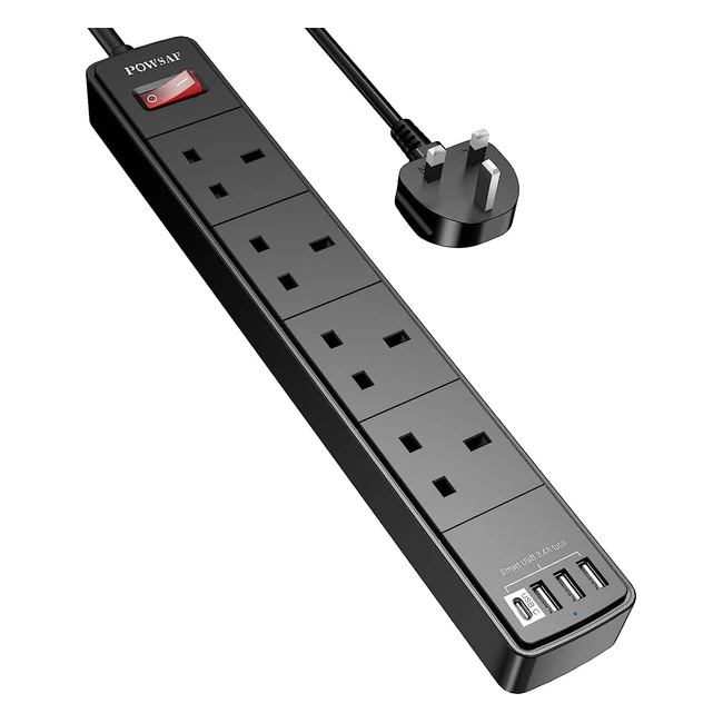 POWSAF Extension Lead with 4 USB Slots, 2M Cable, and 4 AC Electrical Outlets - Ideal for Home, Office, and Travel