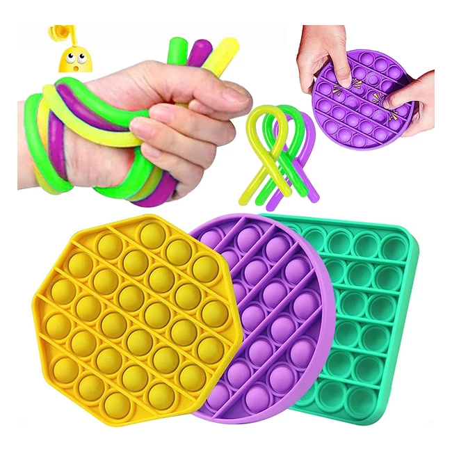 Rockberry Pop It Fidget Toy Pack - Stress Relief Game for Kids with Stretchy Strings - Special Needs Fidget Popper for Boys and Girls