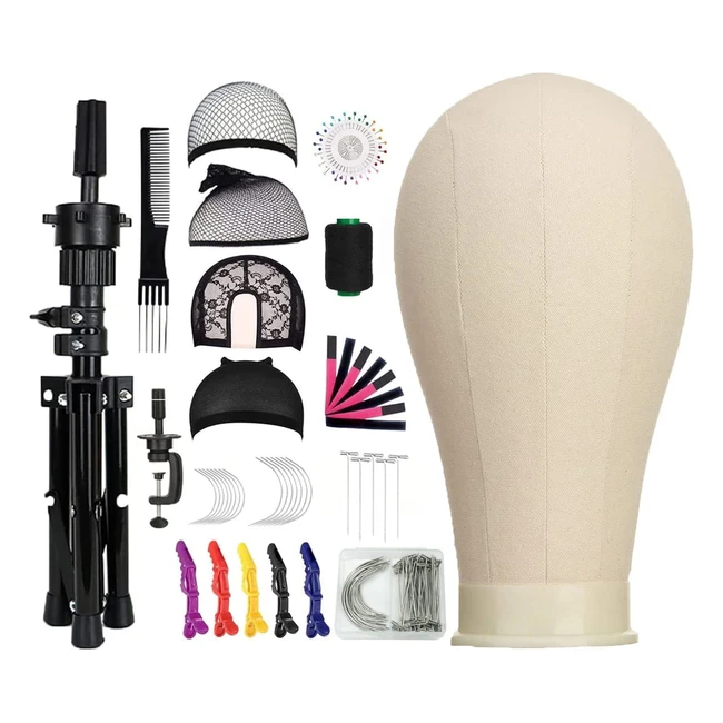 22 Inch Canvas Block Head Mannequin Wig Stand - Styling Head Set for Wig Making and Display