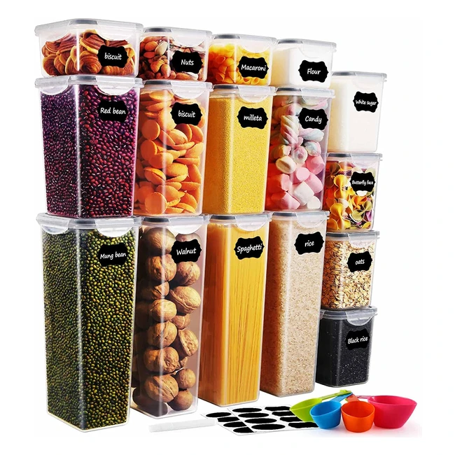 Set 16 Contenitori Alimenti Senza BPA con Coperchi Durevoli e Etichette - Organizza e Conserva Alimenti Secchi