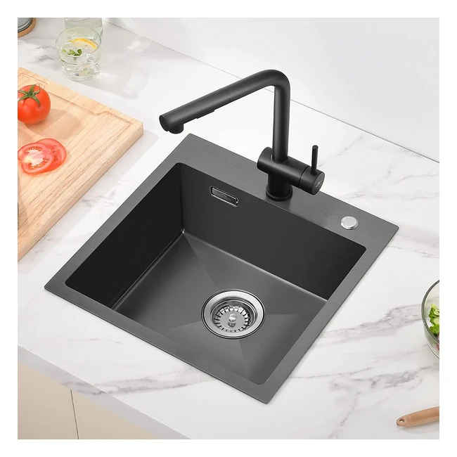 Fregadero de Acero Inoxidable Negro 45x45cm Auralum - 1 Seno, Tapón, Sifón y 2 Agujeros de Montaje