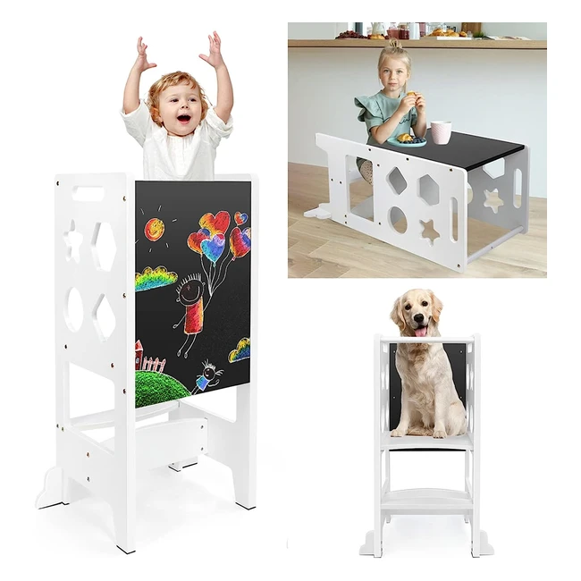 Tour d'apprentissage en bois Dripex Montessori pour enfants - Table et chaise convertibles avec tableau noir et toile
