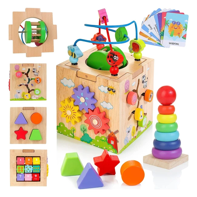 8in1 Wooden Activity Cube for 1 Year Old - Kizfarm Montessori Toys with Rattle 