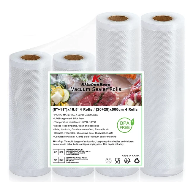 Sac Sous Vide Alimentaire KitchenBoss - 4 Rouleaux 20x500cm & 28x500cm - Sans BPA - Stockage Aliments Surgelés & Cuisson Sous Vide
