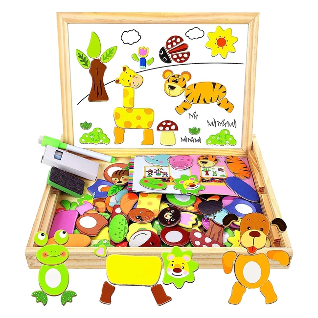 Cooljoy Wooden Magnetic Puzzle Games - 100 Pcs Animal Pattern Educational Toys for Boys and Girls Ages 3-5