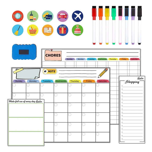 Feela Magnetic Whiteboard Calendar - 4 Pack 2023 Monthly Weekly Planner for Fridge with 8 Pens, Eraser, and 10 Stickers