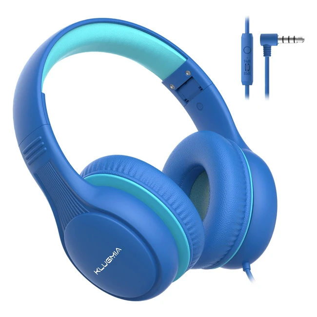 Klugmia Wired Kids Headphones - Volume Limited Over Ear Headphones for Kids with HD Mic and Audio Sharing - Foldable and Compatible with Smartphones and Tablets - Blue