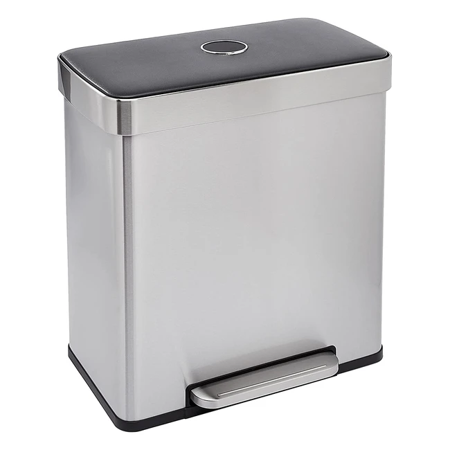 Amazon Basics 60L Rectangular Recycling Rubbish Bin - 2 Compartments, Stainless Steel, Soft-Close Lid