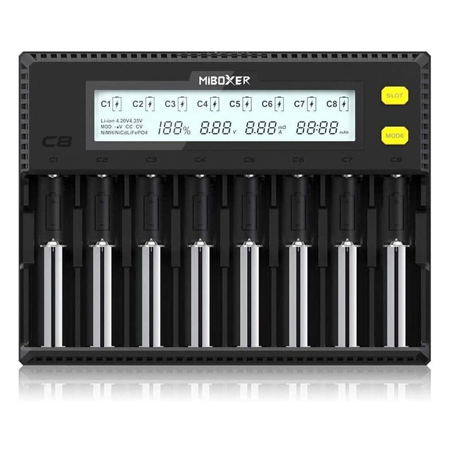 Caricabatteria intelligente Miboxer a 8 alloggiamenti per batterie Li-ion, NiMH, NiCd, AA, AAA, 21700, 26650
