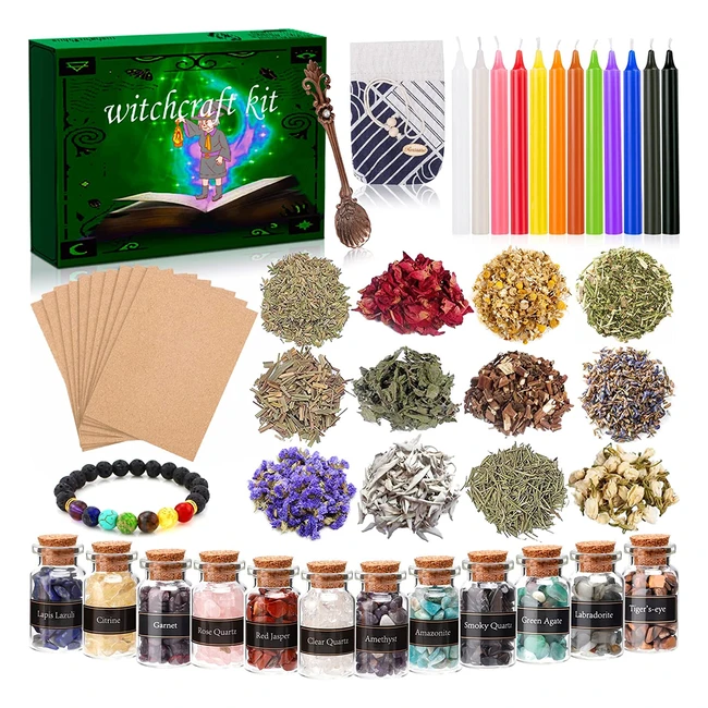 Kit de Brujera Multifuncional con Velas Piedras Naturales y Hierbas Secas - S