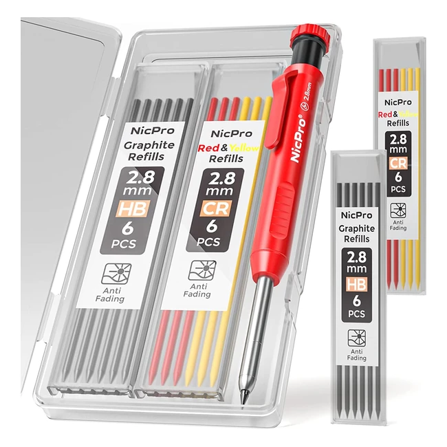 Nicpro Solid Carpenter Pencil with Sharpener & 13 Refills for Woodworking - Red Deep Hole Marker Construction Pencil