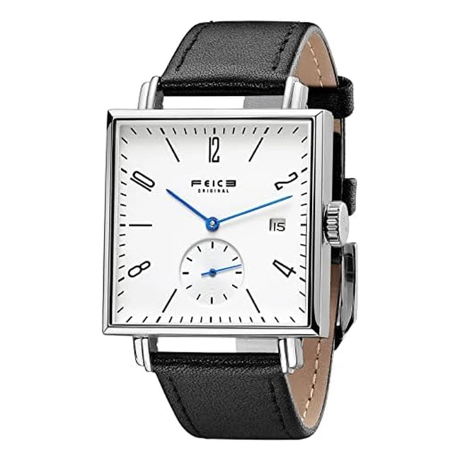 Montre automatique carrée Feice FM301 pour homme et femme - Cadran Bauhaus minimaliste et bracelet en cuir véritable