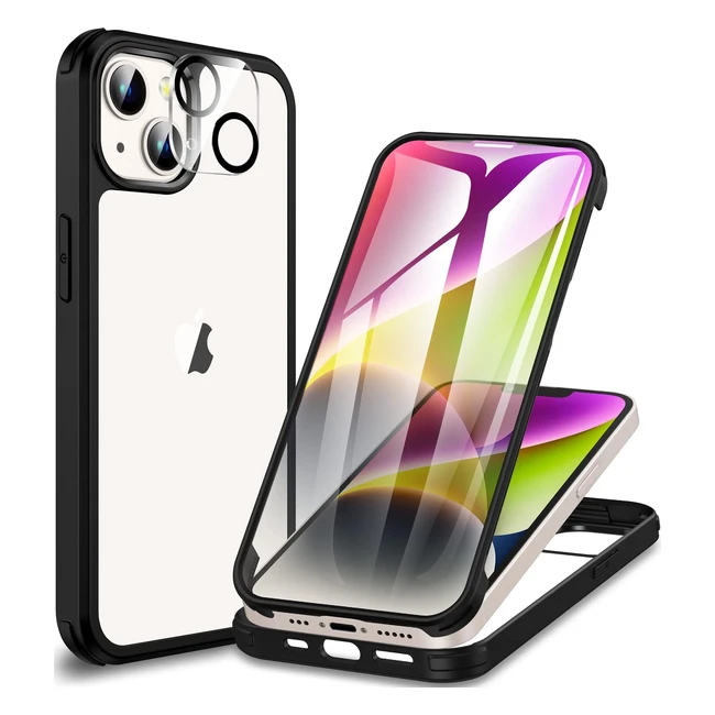 Cenhufo iPhone 14 Case with Glass Screen Protector and Camera Lens Protector - Full Body Heavy Duty Protective Phone Case - Shockproof - Black