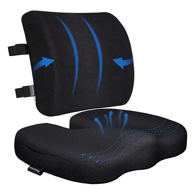 2022 Comfort Memory Foam Seat Cushion and Lumbar Support Pillow for Office Chair and Car - Dual Adjustable Straps, Washable Cover, Relief from Sciatica, Tailbone and Lower Back Pain