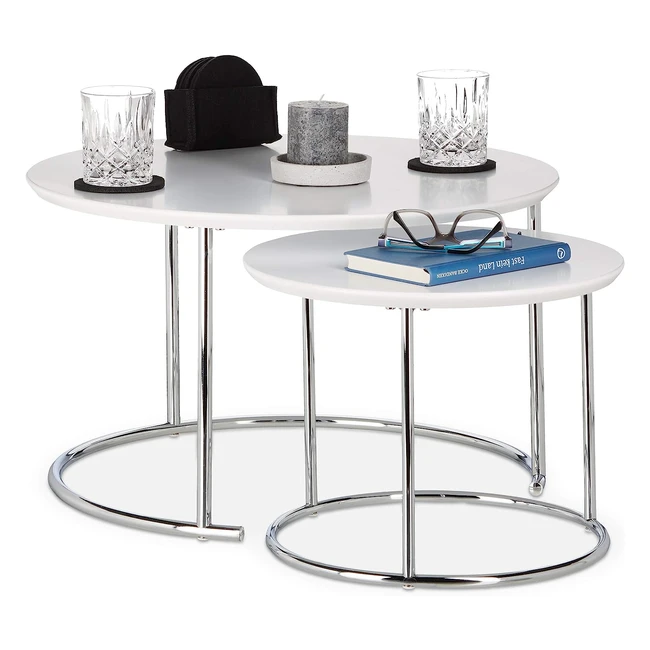 Mesa auxiliar redonda Relaxdays de acero blanco 60x60x35cm con tablero de madera lacada de 2cm de grosor