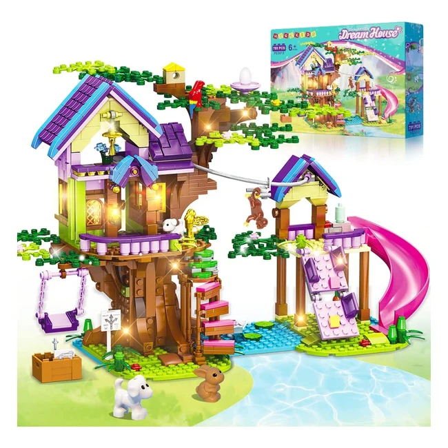 Hogokids Tree House Building Toy with LED Light - 751 Pcs Set with Slides, Swing, Animals - Ages 6-12