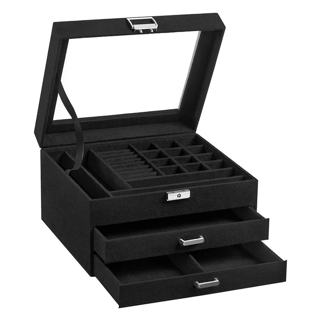 Scatola Portagioie Songmics con Finestra in Vetro e Serratura - Nero JBC158B01