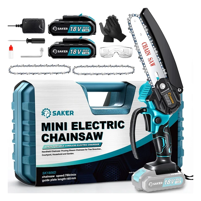 Saker Mini Chainsaw - 6 Inch Portable Cordless Electric Saw - Upgraded 2023 Model - Ideal for Tree Branches, Courtyard, Household, and Garden - 2x 18V 1500mAh Batteries - Extra 3 Chains - Blue