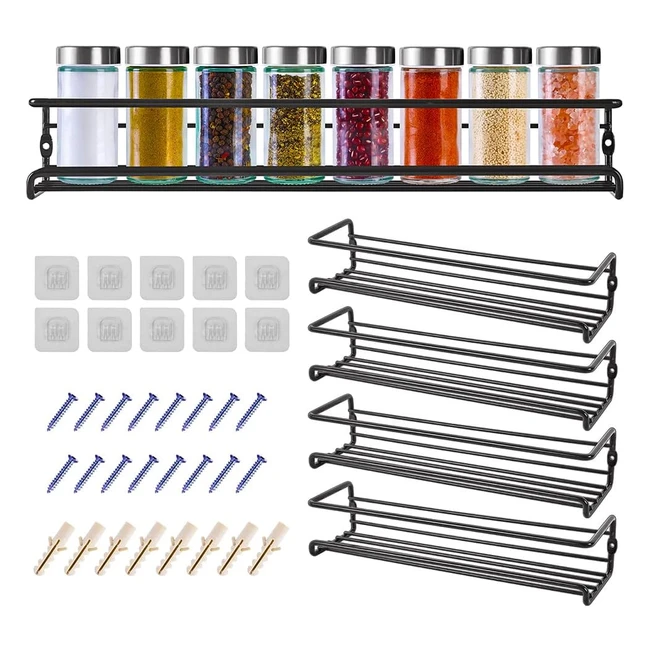 Especiero de pared Miorkly para cocina con gran capacidad y resistencia en metal negro - Incluye 4 estantes para especias