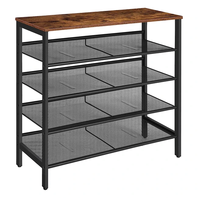 Hoobro Schuhregal 5-lagig, verstellbar, flach und neigbar, langlebig und stabil, Industrie Vintage, braun/schwarz, EBF01XJ01