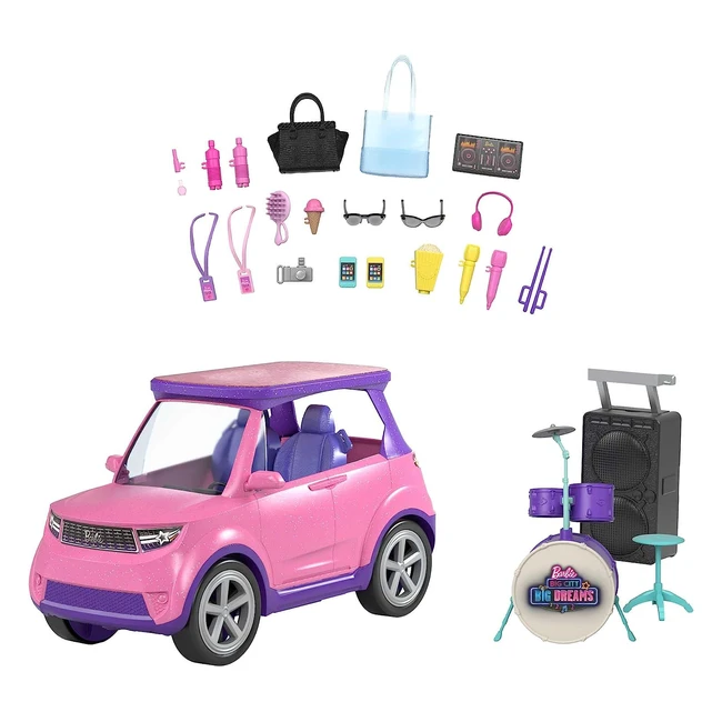 Barbie Transforming Vehicle Playset - Big City Big Dreams - Pink SUV with Stage and Concert-Themed Accessories - Gift for 3-7 Years - GYJ25