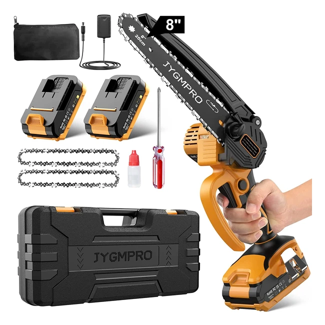 Mini motosierra eléctrica JYGMPro con batería, 8 pulgadas, sin escobillas, 2 baterías 20Ah, 2 cadenas, velocidad de 10ms, inalámbrica para ramas, árboles, patio, hogar y jardín