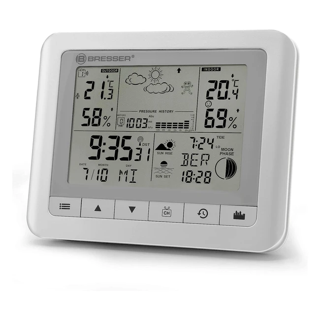 Bresser TemeoTrend WF Wetterstation - Innen- und Außentemperatur, Luftfeuchtigkeit, 6-Stunden-Wettervorhersage, Mondphasen, DCF-Funksignal und Wecker - Weiß