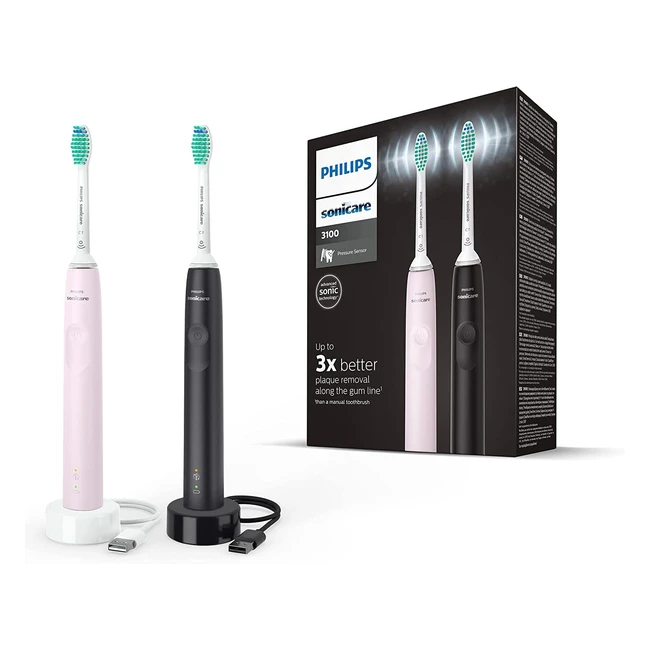 Brosse à dents électrique Philips Sonicare Série 3100 - Modèle HX367515 - Rose pastel et noir - Élimine jusqu'à 3x plus de plaque dentaire