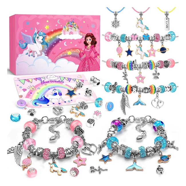 Unicorn Jewelry Bracelet Making Kit for Girls - DIY Arts and Crafts Set with Charms, Beads, and Adjustable Bracelets and Necklaces