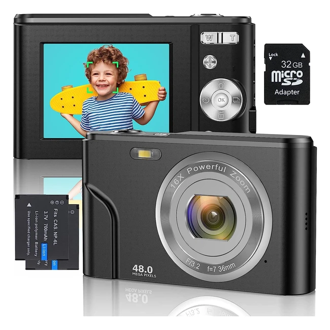 Cámara digital 1080p FHD mini con enfoque automático y zoom 16x - Regalo perfecto para niños, estudiantes y principiantes