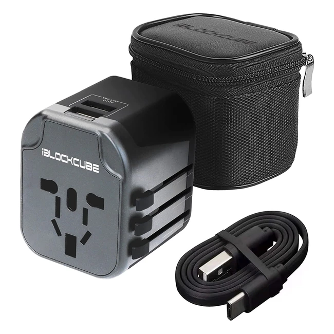iBlockCube Travel Adapter with 2 USB 2.4A Charging Ports - Worldwide Compatibility - Dual Safety Fuse Chip Protector - Grey