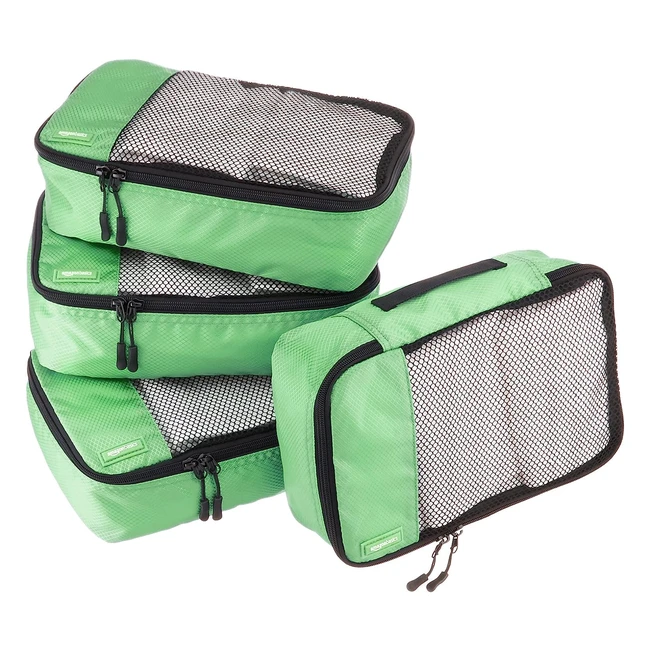 Green Amazon Basics Packing Cubes - 4 Piece Set (Small) - Double Zipper Pulls, Mesh Top Panel, Webbing Handle