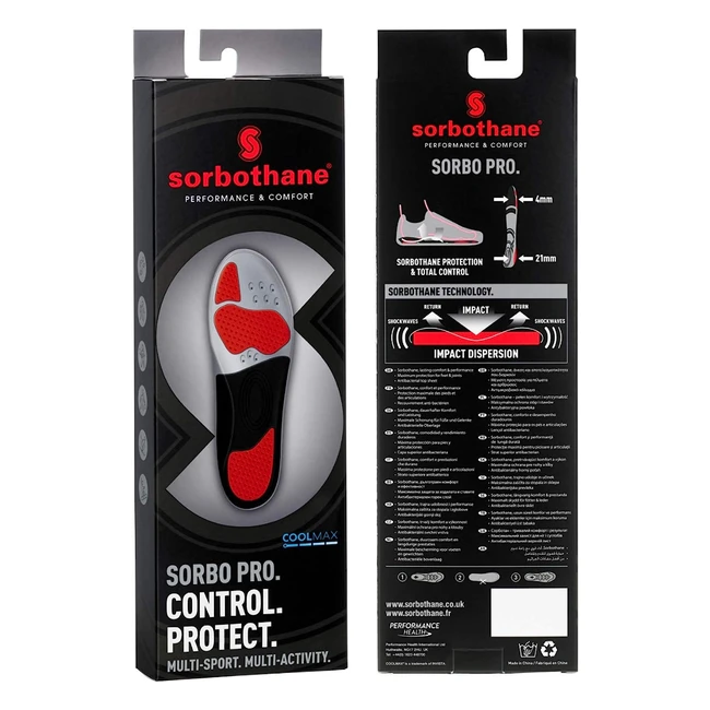 Sorbothane Sorbo Pro Insoles - Shock Absorbing, Anti-Bacterial, Size 9 UK/EU 43 Grey/Red